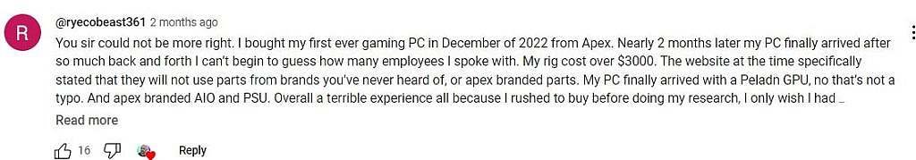 Youtube complaints about Apex Gaming PC